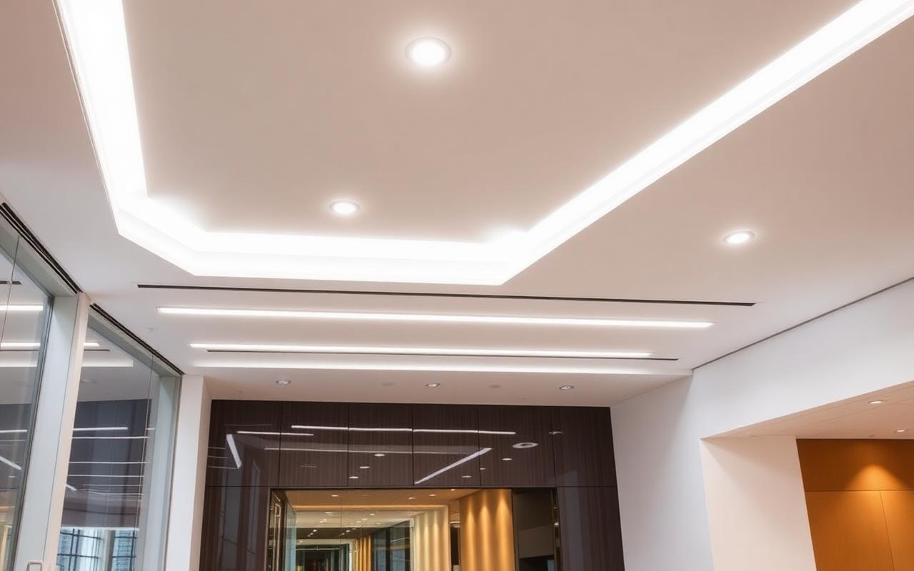 Commercial interior ceiling with architectural linear lighting