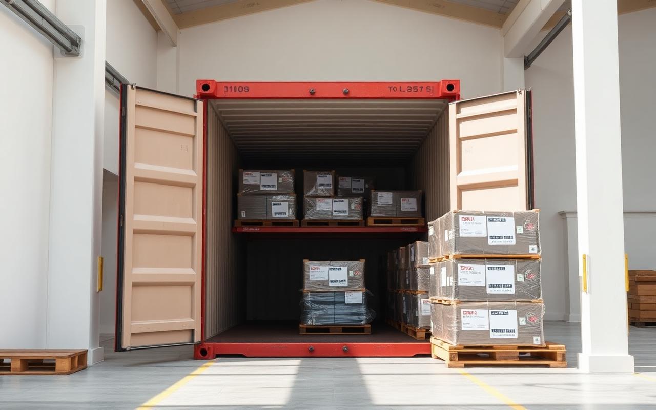 Labelled building material packages consolidated for container loading