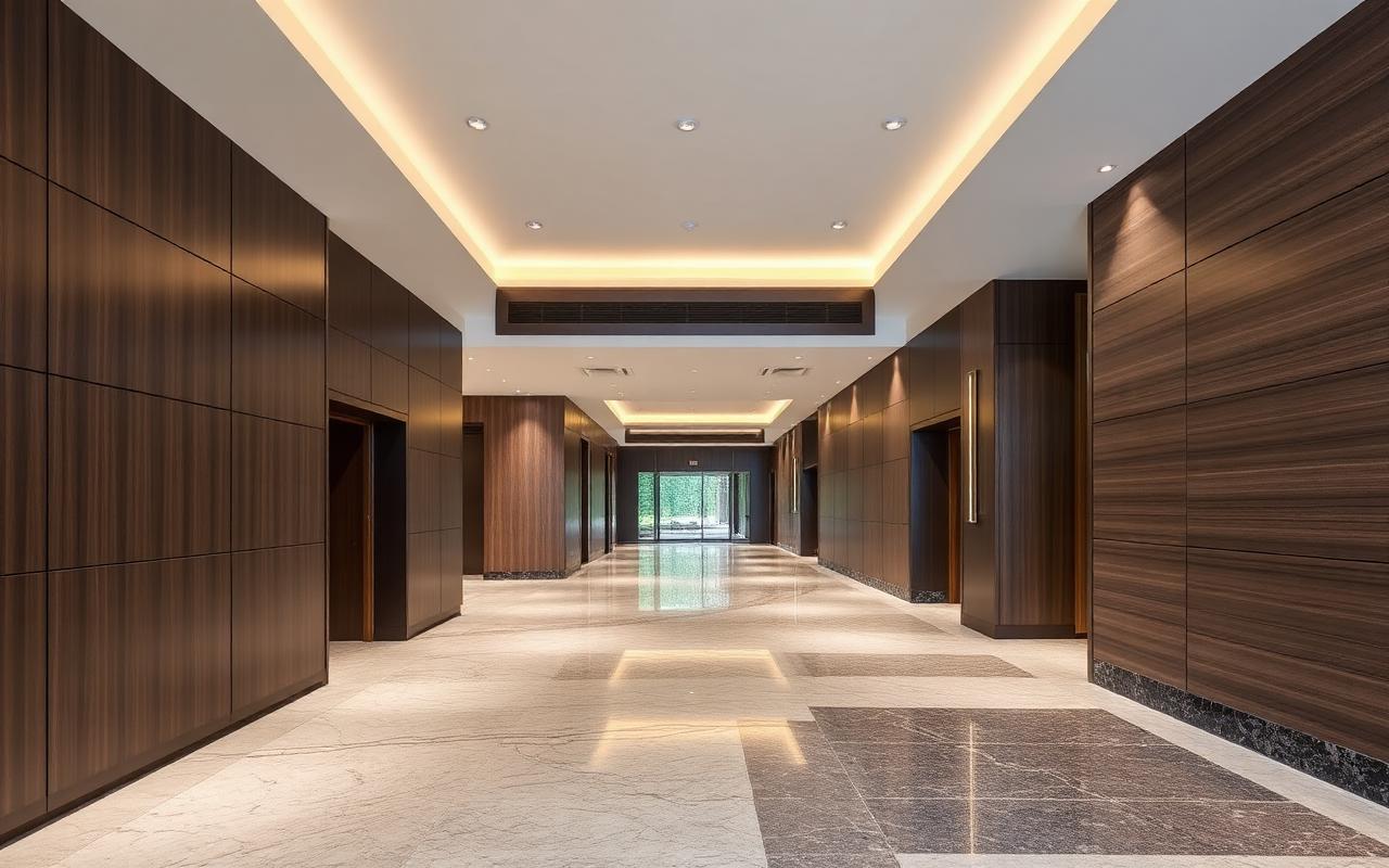 Sunlit lobby with engineered wall panels, wood flooring and large-format tile