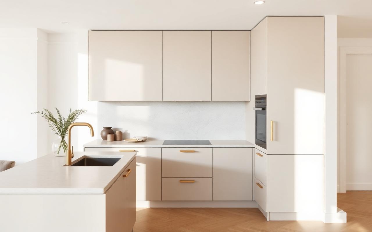 Contemporary apartment kitchen with matte cabinetry and stone countertop