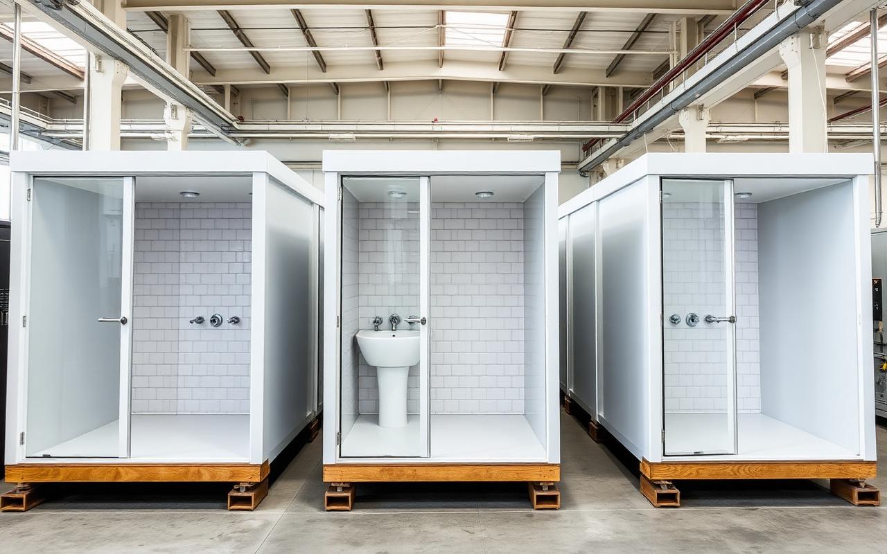 Prefabricated bathroom pods staged in an assembly facility